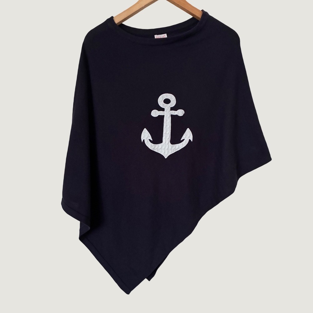Top It Off Navy Blue Cotton Knit Poncho White Anchor Applique Asymmetrical OS